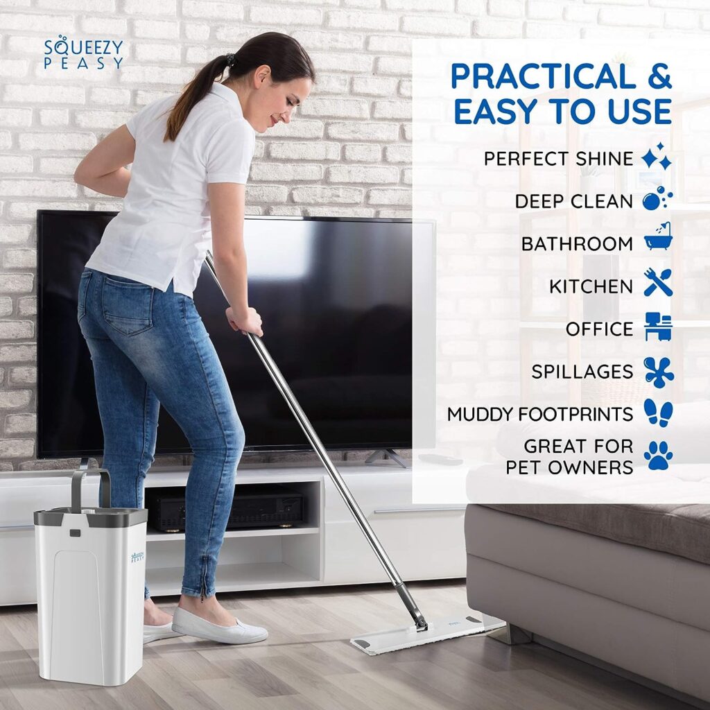 SqueezyPeasy Premium Flat Mop and Bucket Set for Floor Cleaning - Compact Lightweight Cleaning System with 360 Rotating Head - 5 Microfibre Reusable Wet and Dry Mop Pads Included - 3 Chamber Design